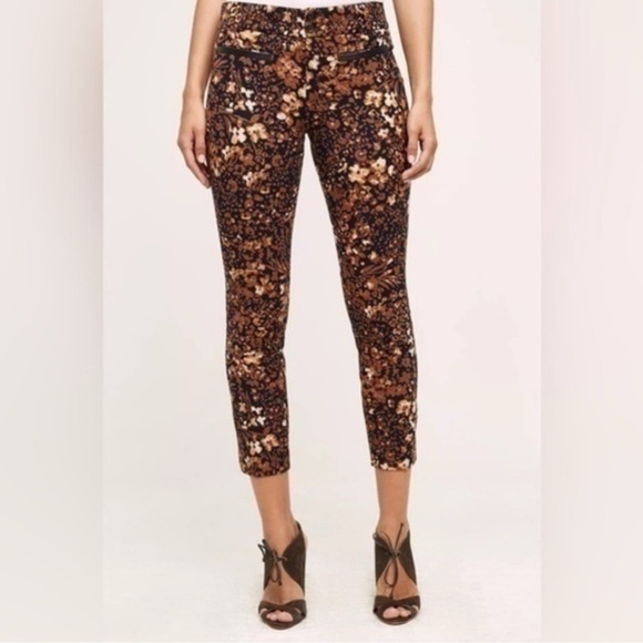 Anthropologie The Essential Slim Pants Women’s 4 – Brown Floral Stretch Trousers - Picture 2 of 11